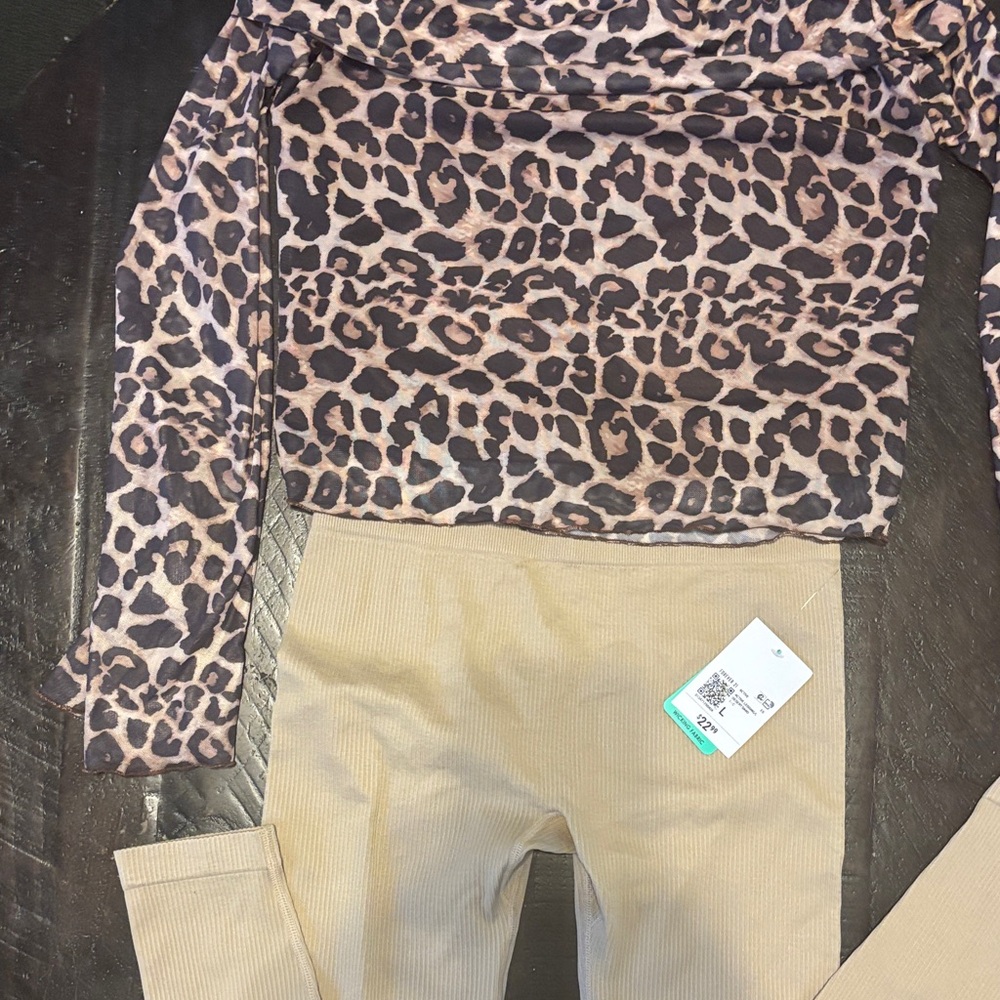 Leopard Print Women sheer shirt & - Tan leggings